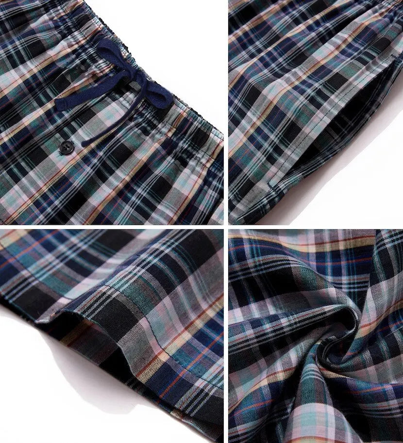 3pcs Men's Pajama Bottoms Spring/Summer Cotton Thin Plaid Sleep & Lounge Pants with Pockets and Elastic Waistband