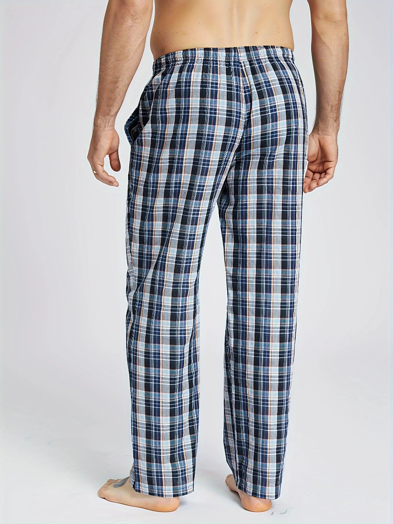 3pcs Men's Pajama Bottoms Spring/Summer Cotton Thin Plaid Sleep & Lounge Pants with Pockets and Elastic Waistband