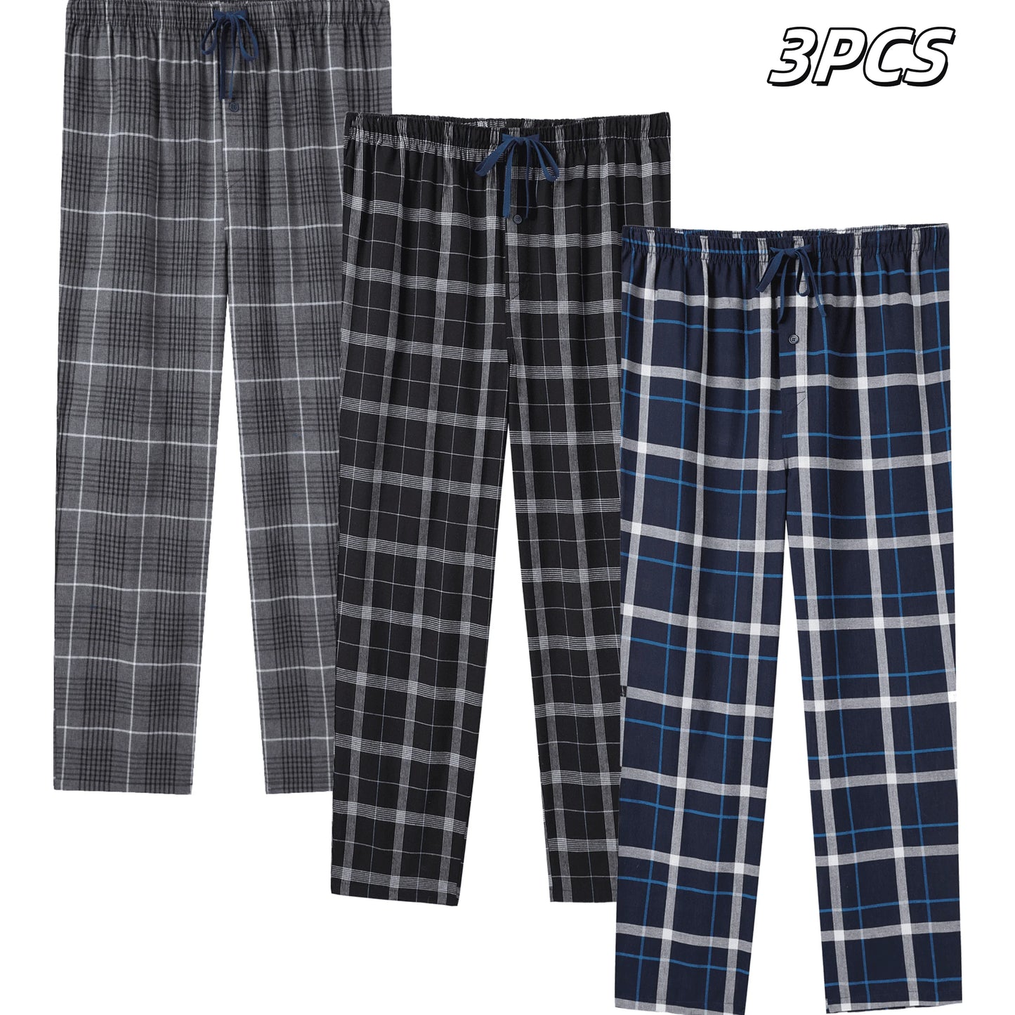 3pcs Men's Pajama Bottoms Spring/Summer Cotton Thin Plaid Sleep & Lounge Pants with Pockets and Elastic Waistband