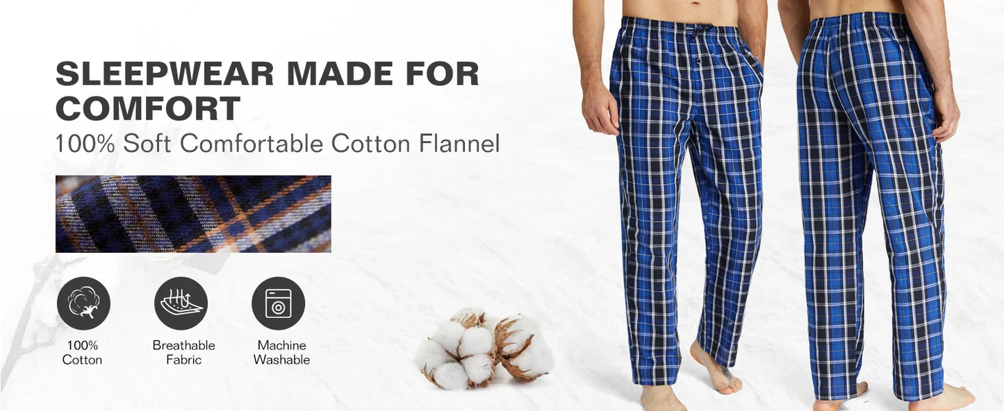 3pcs Men's Pajama Bottoms Spring/Summer Cotton Thin Plaid Sleep & Lounge Pants with Pockets and Elastic Waistband