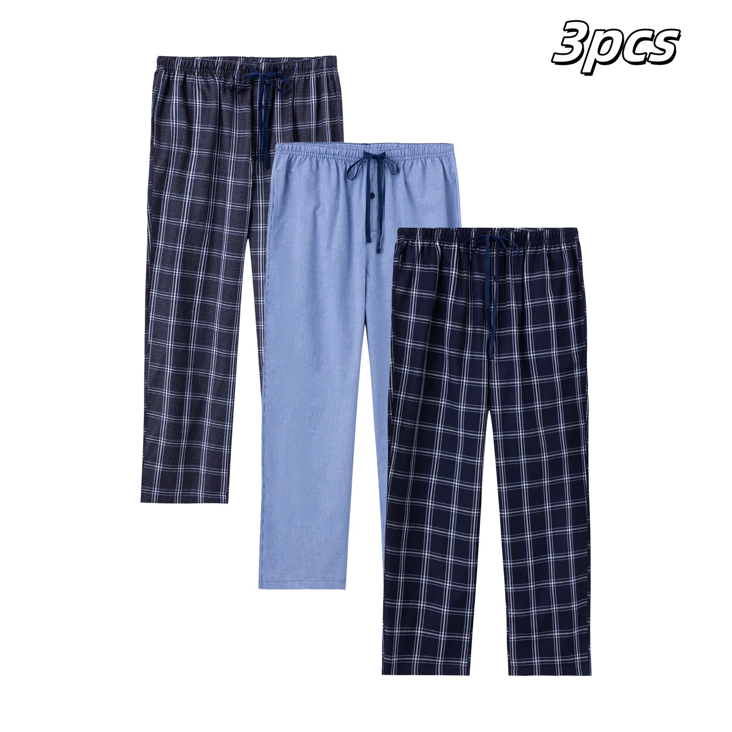 3pcs Men's Pajama Bottoms Spring/Summer Cotton Thin Plaid Sleep & Lounge Pants with Pockets and Elastic Waistband