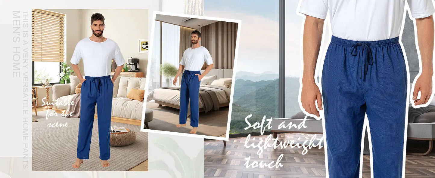 3pcs Men's Pajama Bottoms Spring/Summer Cotton Thin Plaid Sleep & Lounge Pants with Pockets and Elastic Waistband