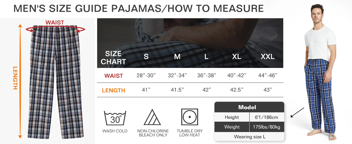 3pcs Men's Pajama Bottoms Spring/Summer Cotton Thin Plaid Sleep & Lounge Pants with Pockets and Elastic Waistband