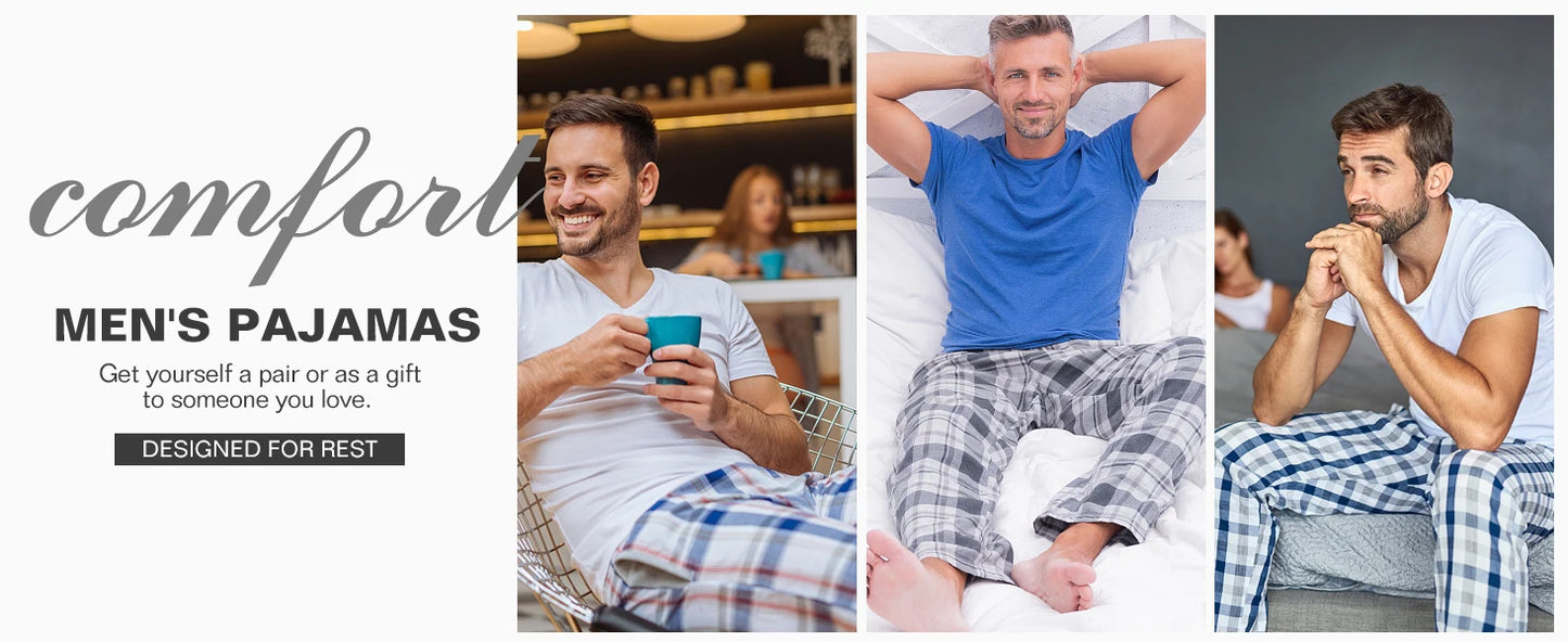 3pcs Men's Pajama Bottoms Spring/Summer Cotton Thin Plaid Sleep & Lounge Pants with Pockets and Elastic Waistband