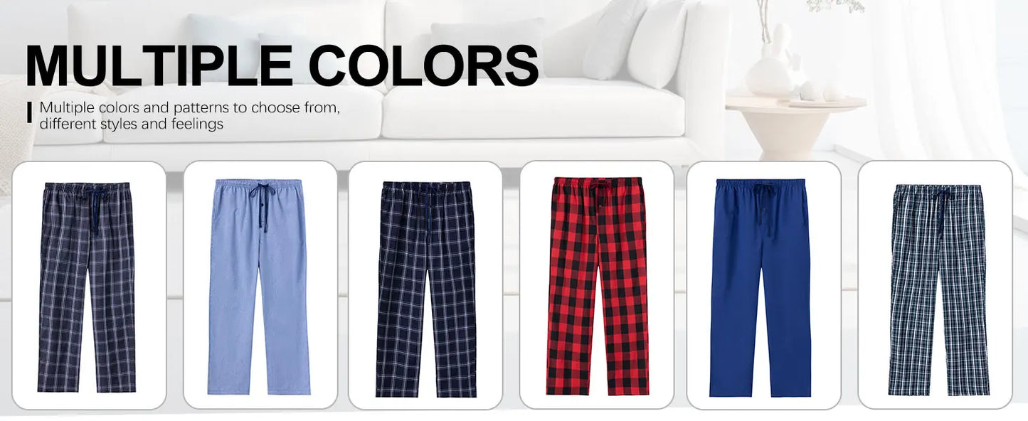 3pcs Men's Pajama Bottoms Spring/Summer Cotton Thin Plaid Sleep & Lounge Pants with Pockets and Elastic Waistband