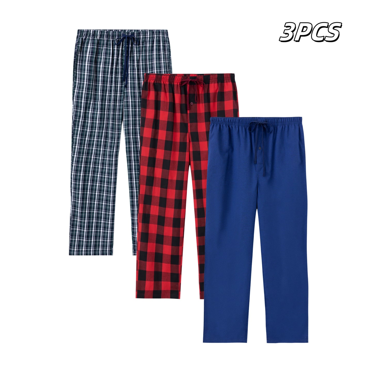 3pcs Men's Pajama Bottoms Spring/Summer Cotton Thin Plaid Sleep & Lounge Pants with Pockets and Elastic Waistband