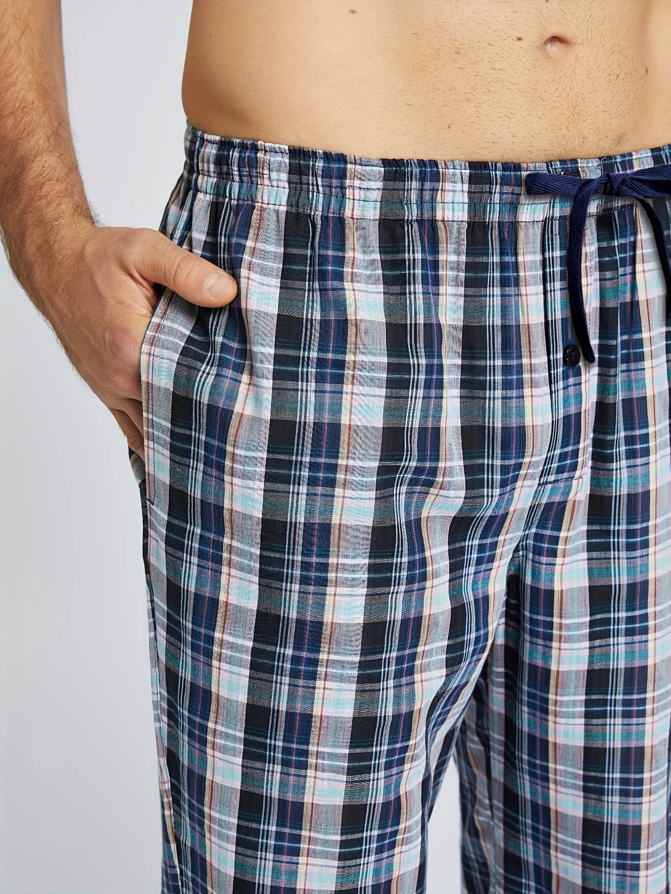 3pcs Men's Pajama Bottoms Spring/Summer Cotton Thin Plaid Sleep & Lounge Pants with Pockets and Elastic Waistband
