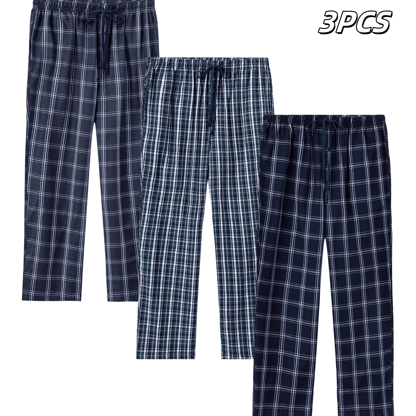 3pcs Men's Pajama Bottoms Spring/Summer Cotton Thin Plaid Sleep & Lounge Pants with Pockets and Elastic Waistband