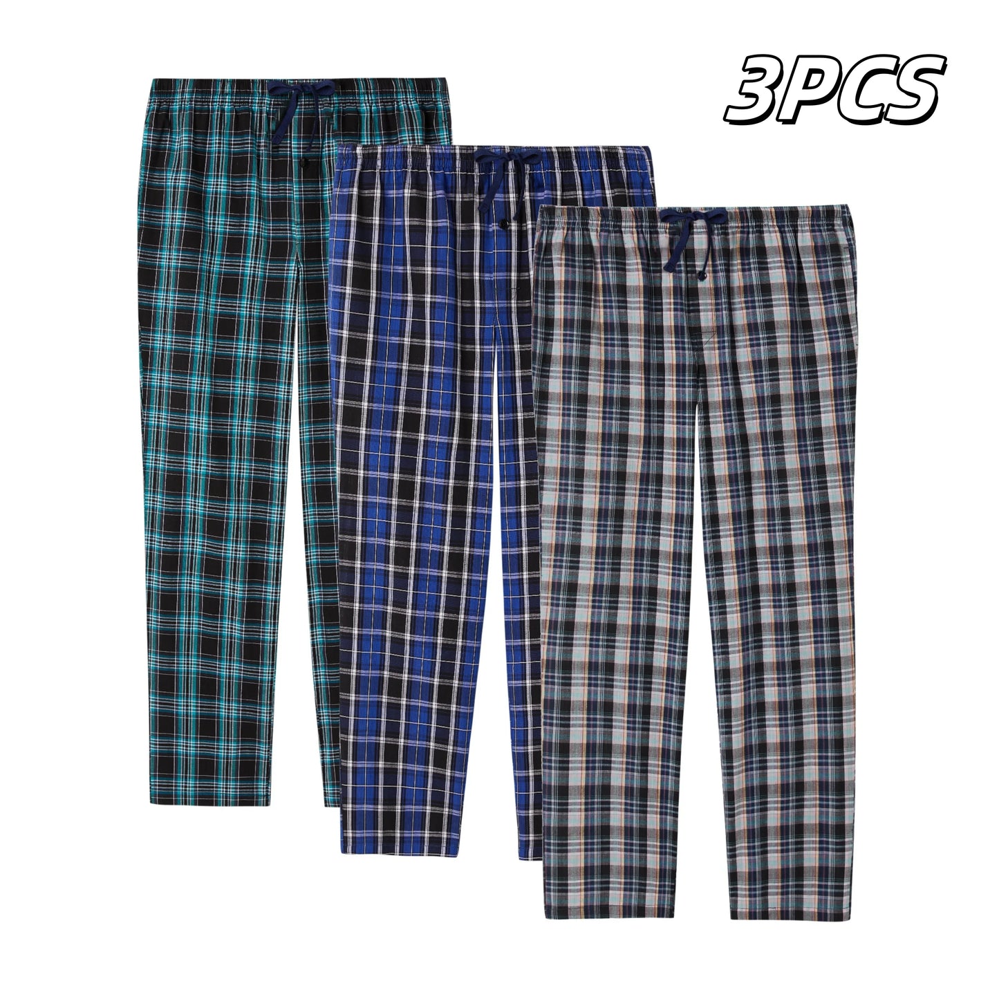 3pcs Men's Pajama Bottoms Spring/Summer Cotton Thin Plaid Sleep & Lounge Pants with Pockets and Elastic Waistband