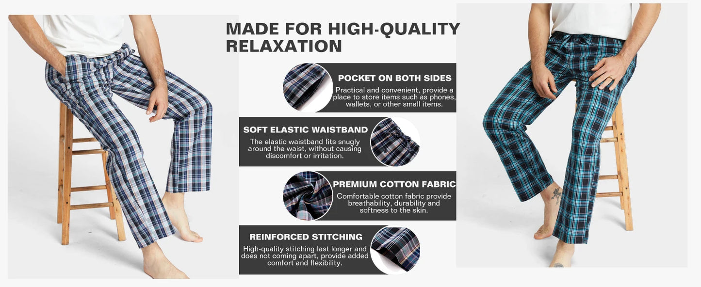 3pcs Men's Pajama Bottoms Spring/Summer Cotton Thin Plaid Sleep & Lounge Pants with Pockets and Elastic Waistband