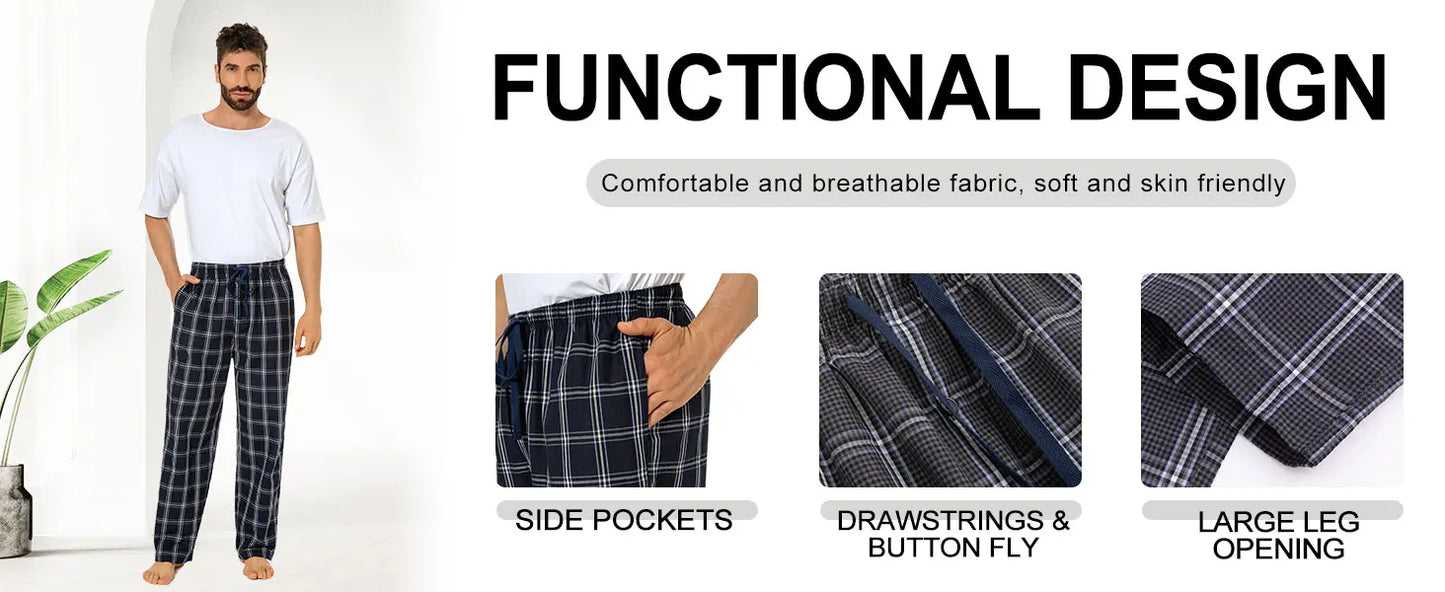 3pcs Men's Pajama Bottoms Spring/Summer Cotton Thin Plaid Sleep & Lounge Pants with Pockets and Elastic Waistband