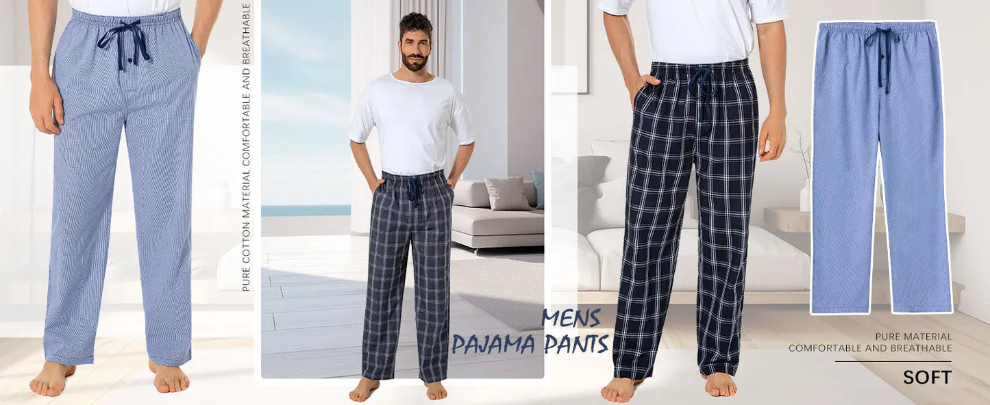 3pcs Men's Pajama Bottoms Spring/Summer Cotton Thin Plaid Sleep & Lounge Pants with Pockets and Elastic Waistband