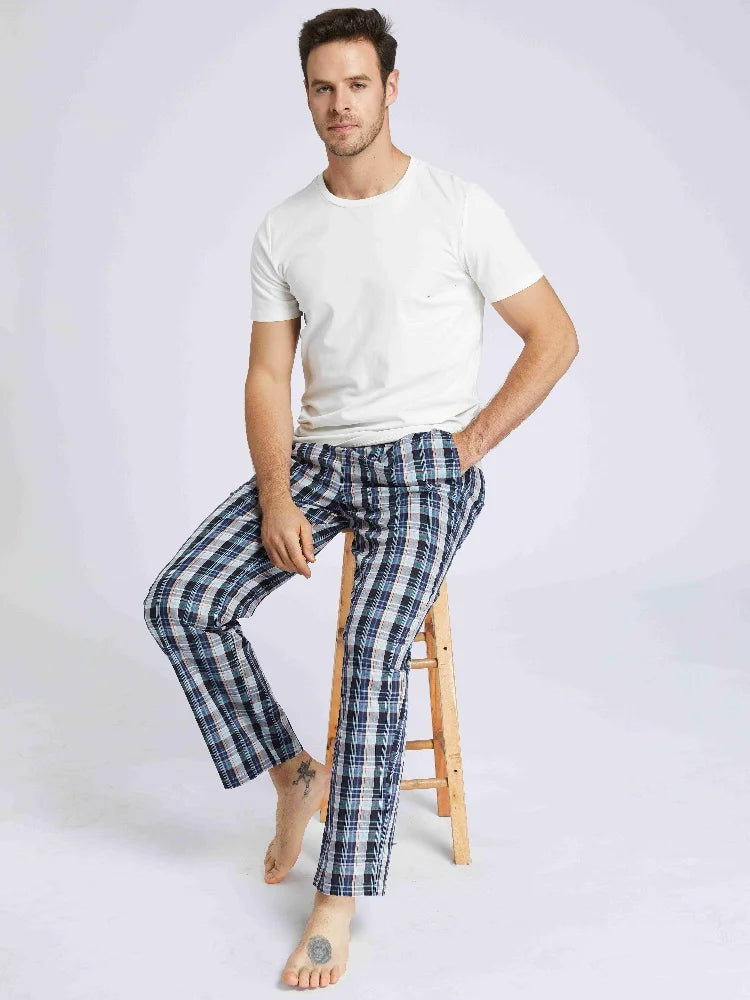 3pcs Men's Pajama Bottoms Spring/Summer Cotton Thin Plaid Sleep & Lounge Pants with Pockets and Elastic Waistband