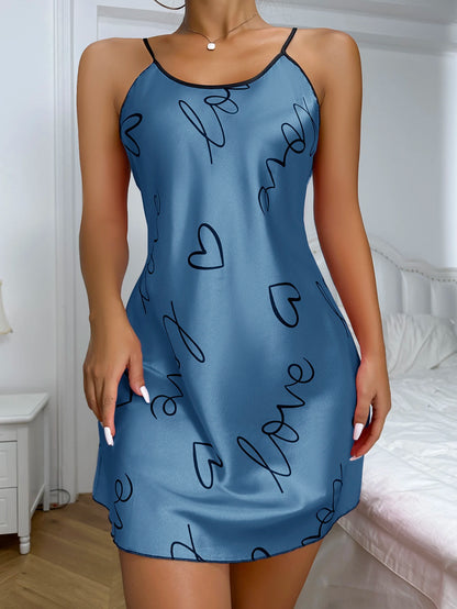 Women Summer Sexy Pajamas Sling Nightdress Open Back Criss Cross Sleep Dress Elegant Romantic Heart Print Sleeveless Sleepwear