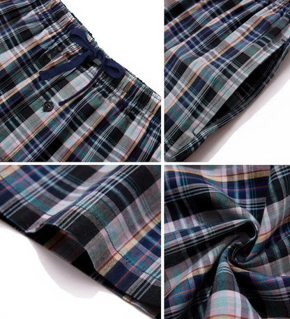 3pcs Men's Pajama Bottoms Spring/Summer Cotton Thin Plaid Sleep & Lounge Pants with Pockets and Elastic Waistband