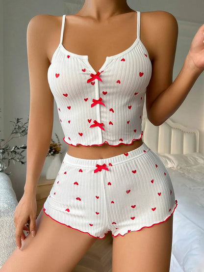 Sexy Sleepwear Women Pajamas Set Heart Print Silk Stain V-Neck Sleeveless Casual Cami Top and Shorts Sets Home Suit Loungewear
