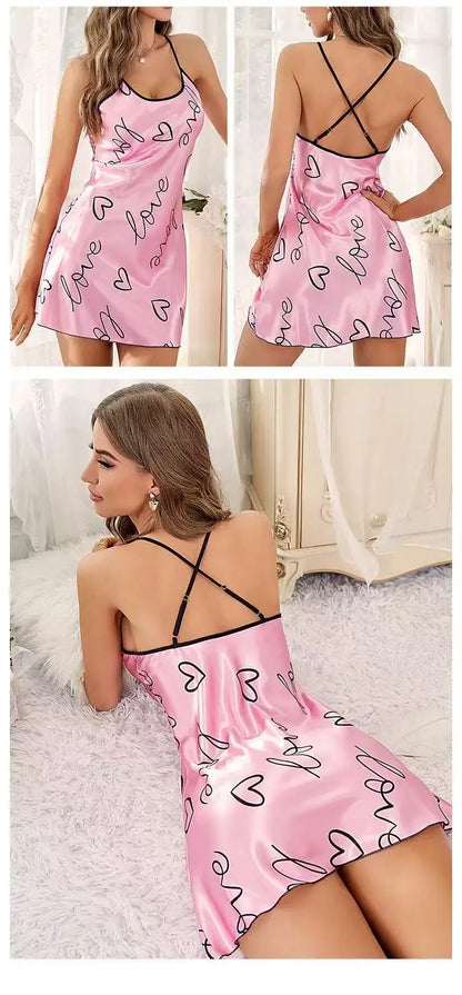 Women Summer Sexy Pajamas Sling Nightdress Open Back Criss Cross Sleep Dress Elegant Romantic Heart Print Sleeveless Sleepwear