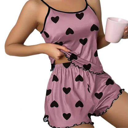 Women's Pajama Set Pajamas T-Shirts Shorts Pink Heart-Shaped Print Round Neck T-Shirt Ice Silk Top Comfortable Casual Summer ﻿