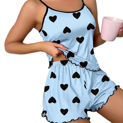 Women's Pajama Set Pajamas T-Shirts Shorts Pink Heart-Shaped Print Round Neck T-Shirt Ice Silk Top Comfortable Casual Summer ﻿