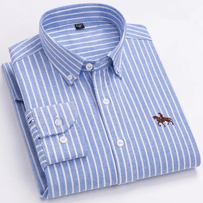 2024 100% Cotton Oxford Man Leisure Embroidered Horse Shirts Streetwear Oversized Men Shirt Floral Long Sleeve Casual Plus Size