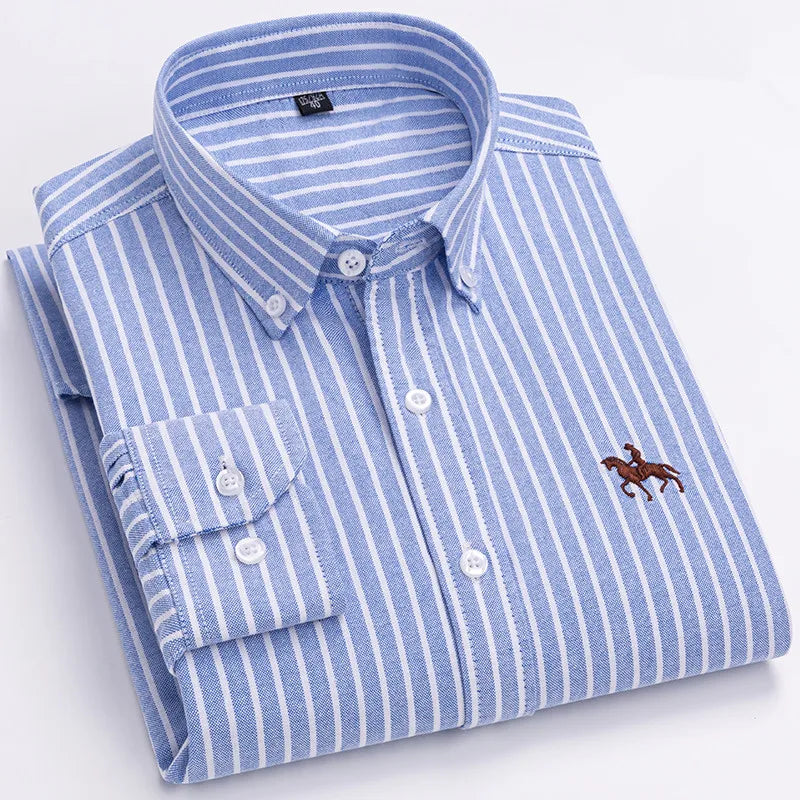 2024 100% Cotton Oxford Man Leisure Embroidered Horse Shirts Streetwear Oversized Men Shirt Floral Long Sleeve Casual Plus Size