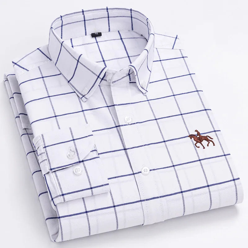 2024 100% Cotton Oxford Man Leisure Embroidered Horse Shirts Streetwear Oversized Men Shirt Floral Long Sleeve Casual Plus Size