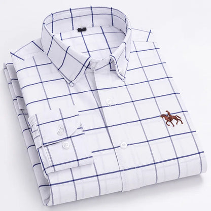2024 100% Cotton Oxford Man Leisure Embroidered Horse Shirts Streetwear Oversized Men Shirt Floral Long Sleeve Casual Plus Size
