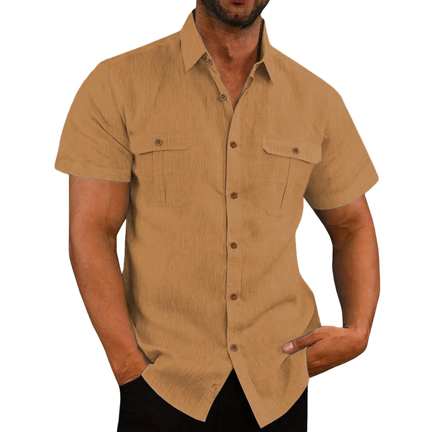 Summer Men's Solid Color Short-Sleeved Fashionable Shirt with Two Chest Pockets, Outdoor Casual Men's Cardigan