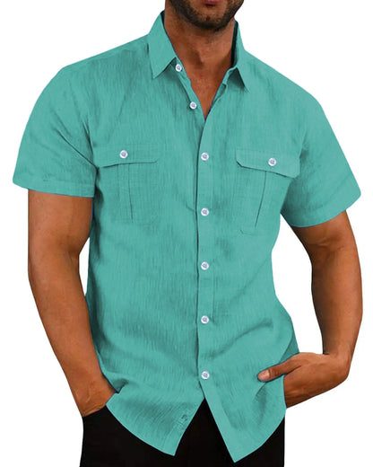 Summer Men's Solid Color Short-Sleeved Fashionable Shirt with Two Chest Pockets, Outdoor Casual Men's Cardigan