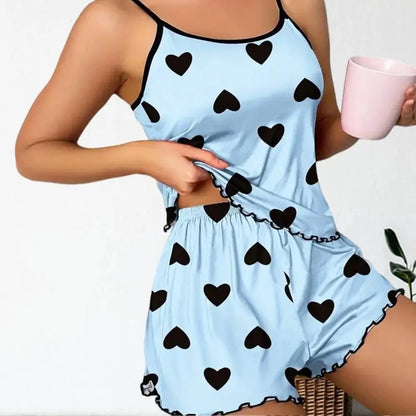 Women's Pajama Set Pajamas T-Shirts Shorts Pink Heart-Shaped Print Round Neck T-Shirt Ice Silk Top Comfortable Casual Summer ﻿