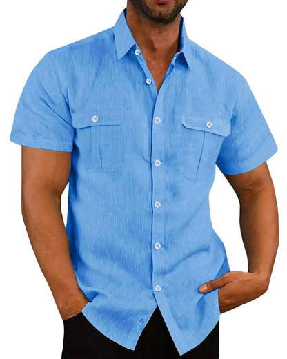 Summer Men's Solid Color Short-Sleeved Fashionable Shirt with Two Chest Pockets, Outdoor Casual Men's Cardigan
