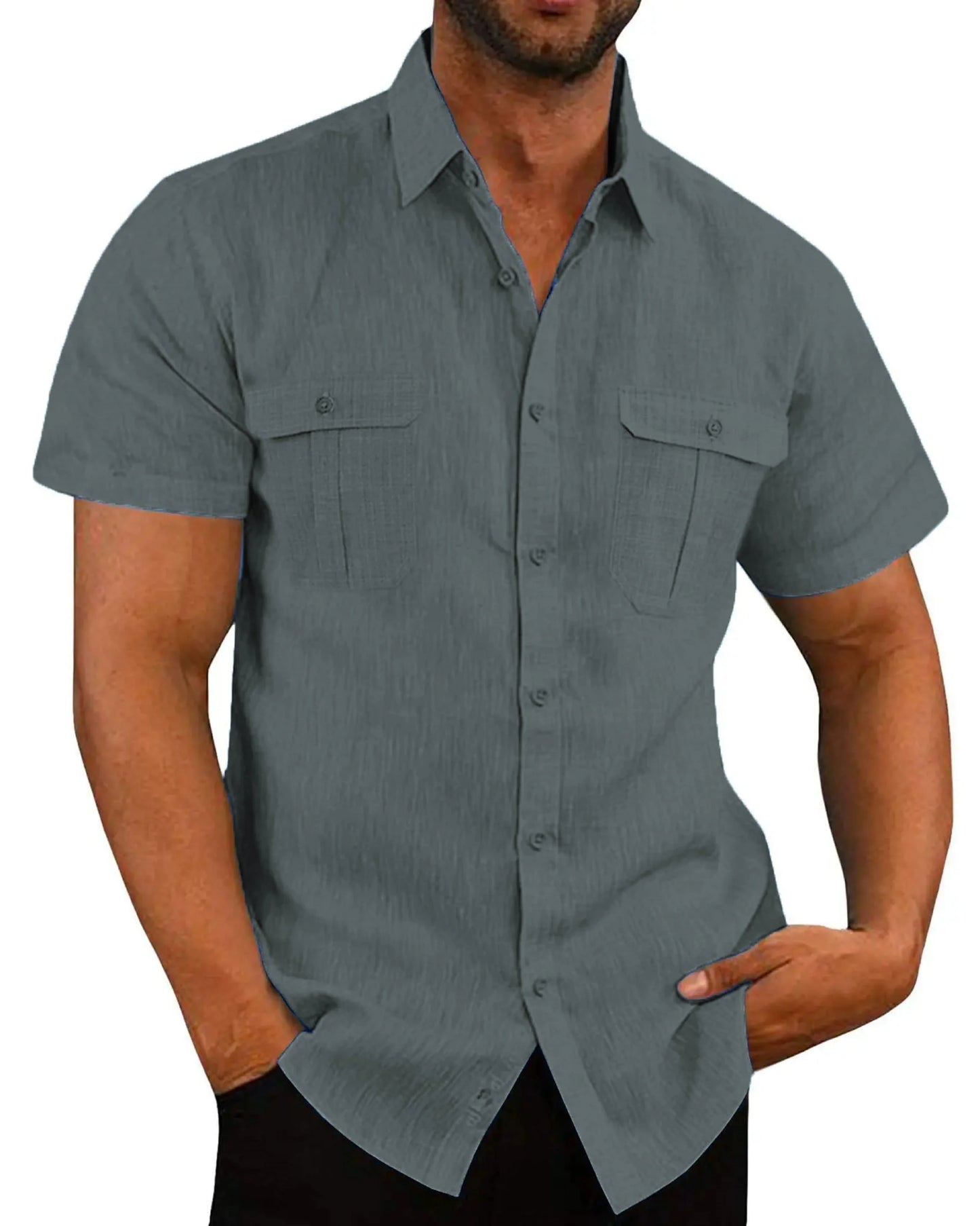 Summer Men's Solid Color Short-Sleeved Fashionable Shirt with Two Chest Pockets, Outdoor Casual Men's Cardigan