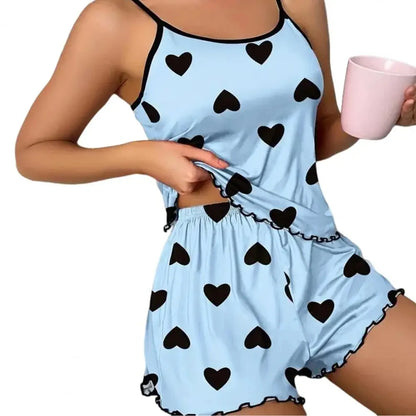 Women's Pajama Set Pajamas T-Shirts Shorts Pink Heart-Shaped Print Round Neck T-Shirt Ice Silk Top Comfortable Casual Summer ﻿