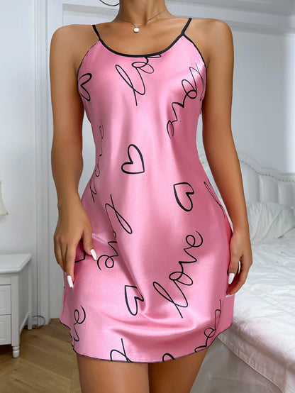 Heart Letter Print Nightdress Casual Round Neck Spaghetti Strap Sleep Dress Women's Sleepwear Dresses