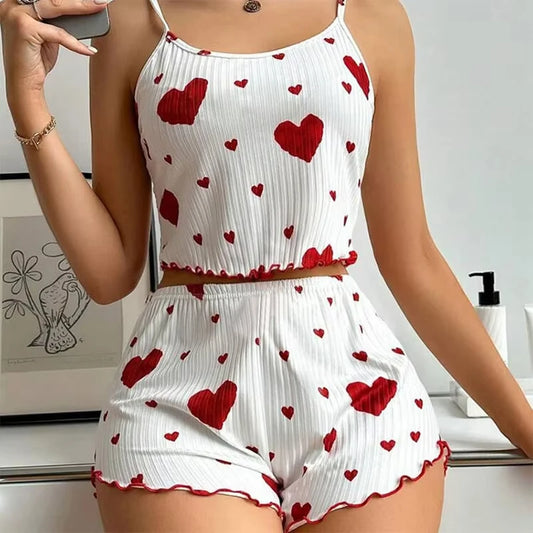 Summer New Women's Pajama Set Breathable Soft Casual Love Printed Design Sweet Home Strap Shorts Pajamas