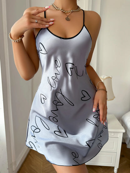 Women Summer Sexy Pajamas Sling Nightdress Open Back Criss Cross Sleep Dress Elegant Romantic Heart Print Sleeveless Sleepwear