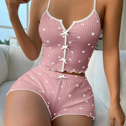 Sexy Sleepwear Women Pajamas Set Heart Print Silk Stain V-Neck Sleeveless Casual Cami Top and Shorts Sets Home Suit Loungewear