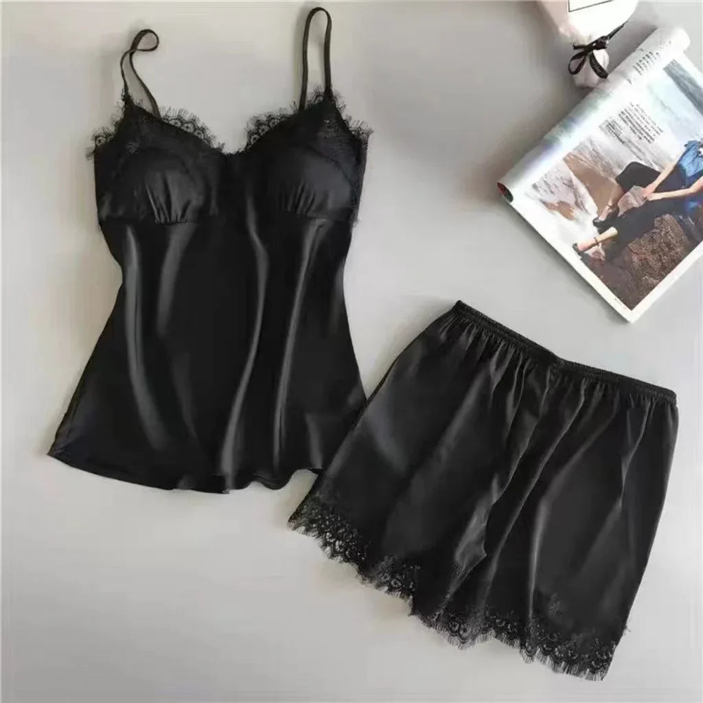 Women's Halter Pajamas 2 PCS Camisole and Shorts Home Wear Red Black Sexy Lace S M Ventilate Comfort