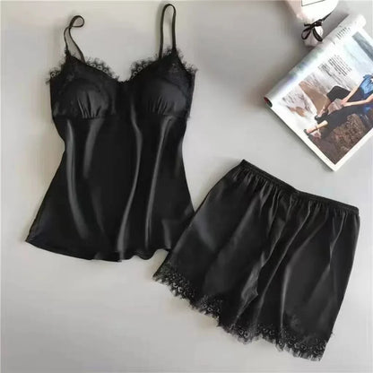 Women's Halter Pajamas 2 PCS Camisole and Shorts Home Wear Red Black Sexy Lace S M Ventilate Comfort