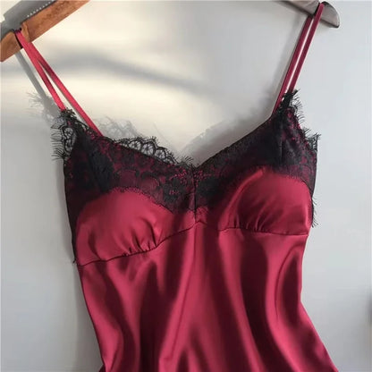 Women's Halter Pajamas 2 PCS Camisole and Shorts Home Wear Red Black Sexy Lace S M Ventilate Comfort
