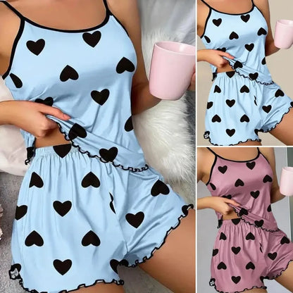 Women's Pajama Set Pajamas T-Shirts Shorts Pink Heart-Shaped Print Round Neck T-Shirt Ice Silk Top Comfortable Casual Summer ﻿