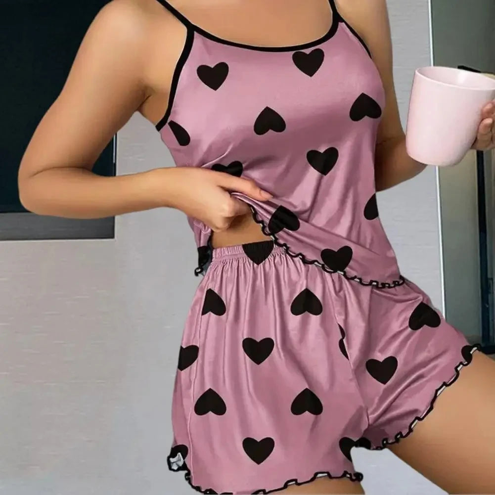 Women's Pajama Set Pajamas T-Shirts Shorts Pink Heart-Shaped Print Round Neck T-Shirt Ice Silk Top Comfortable Casual Summer ﻿
