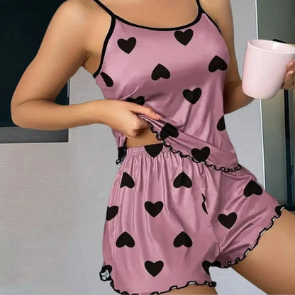 Women's Pajama Set Pajamas T-Shirts Shorts Pink Heart-Shaped Print Round Neck T-Shirt Ice Silk Top Comfortable Casual Summer ﻿