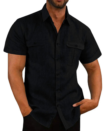 Summer Men's Solid Color Short-Sleeved Fashionable Shirt with Two Chest Pockets, Outdoor Casual Men's Cardigan
