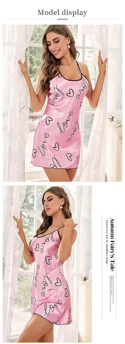 Women Summer Sexy Pajamas Sling Nightdress Open Back Criss Cross Sleep Dress Elegant Romantic Heart Print Sleeveless Sleepwear