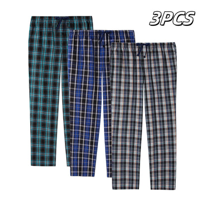 3pcs Men's Pajama Bottoms Spring/Summer Cotton Thin Plaid Sleep & Lounge Pants with Pockets and Elastic Waistband