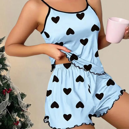 Women's Pajama Set Pajamas T-Shirts Shorts Pink Heart-Shaped Print Round Neck T-Shirt Ice Silk Top Comfortable Casual Summer ﻿