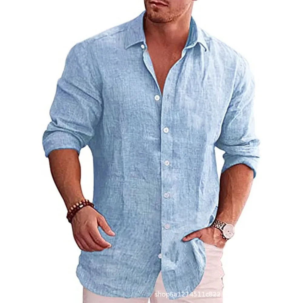 Cotton Linen Autumn Hot Selling Men's Long Sleeve Shirt Solid Color Casual Style Plus Size Men's Casual Linen Shirt