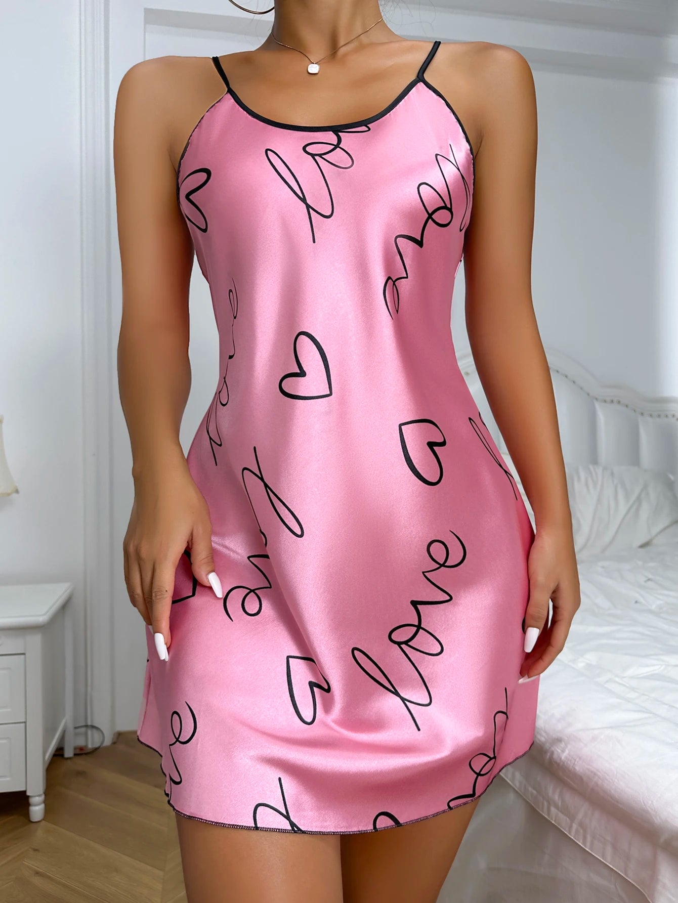 Women Summer Sexy Pajamas Sling Nightdress Open Back Criss Cross Sleep Dress Elegant Romantic Heart Print Sleeveless Sleepwear