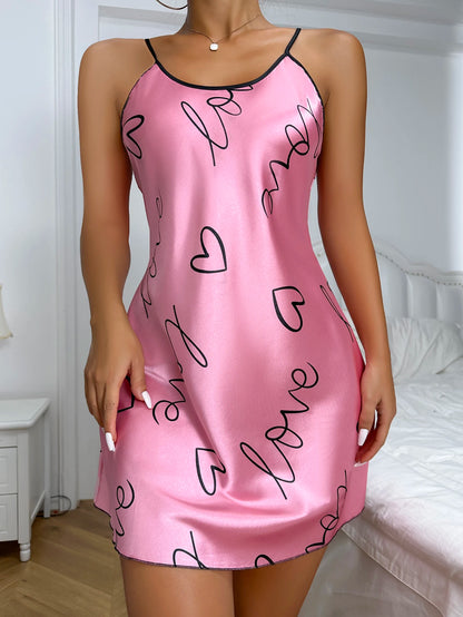 Women Summer Sexy Pajamas Sling Nightdress Open Back Criss Cross Sleep Dress Elegant Romantic Heart Print Sleeveless Sleepwear